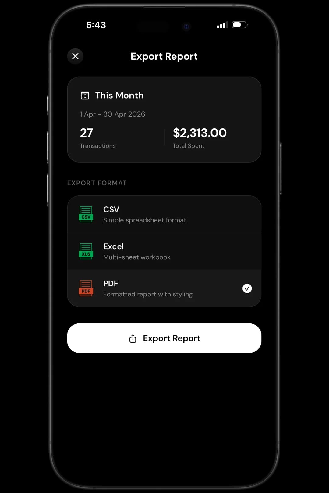 Expenly export screen showing options to export spending data as CSV, Excel, or PDF on iPhone
