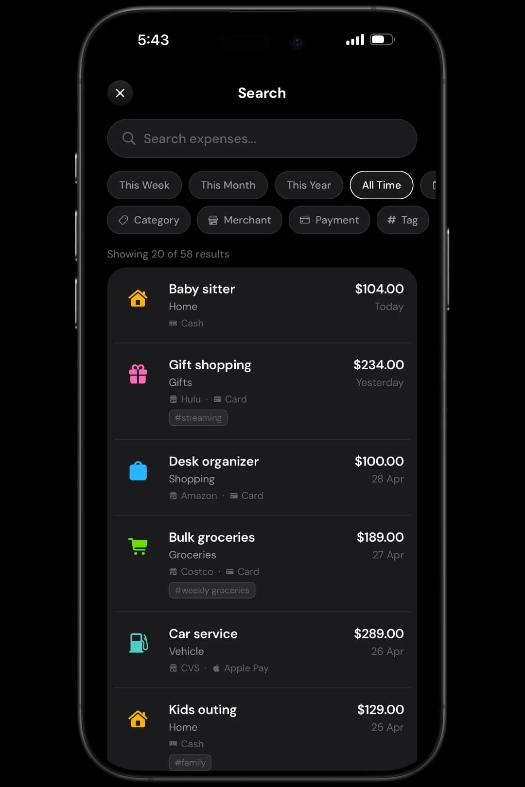 Expenly search screen with layered filters for category, merchant, tags, and custom date range on iPhone